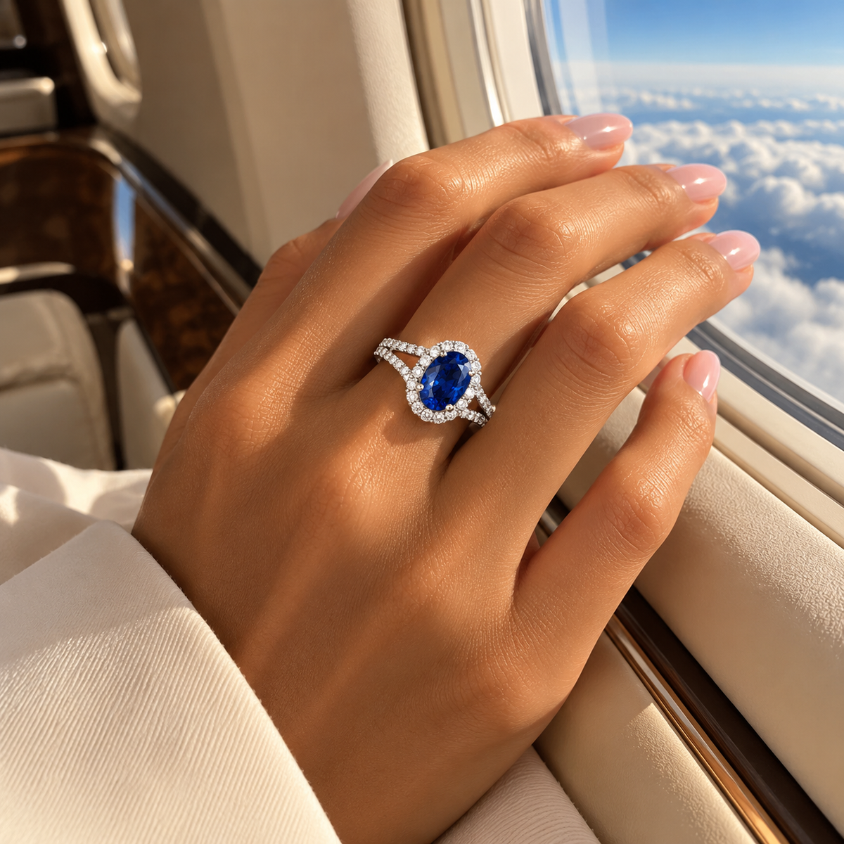 Oval Sapphire Halo Ring with Split Shank