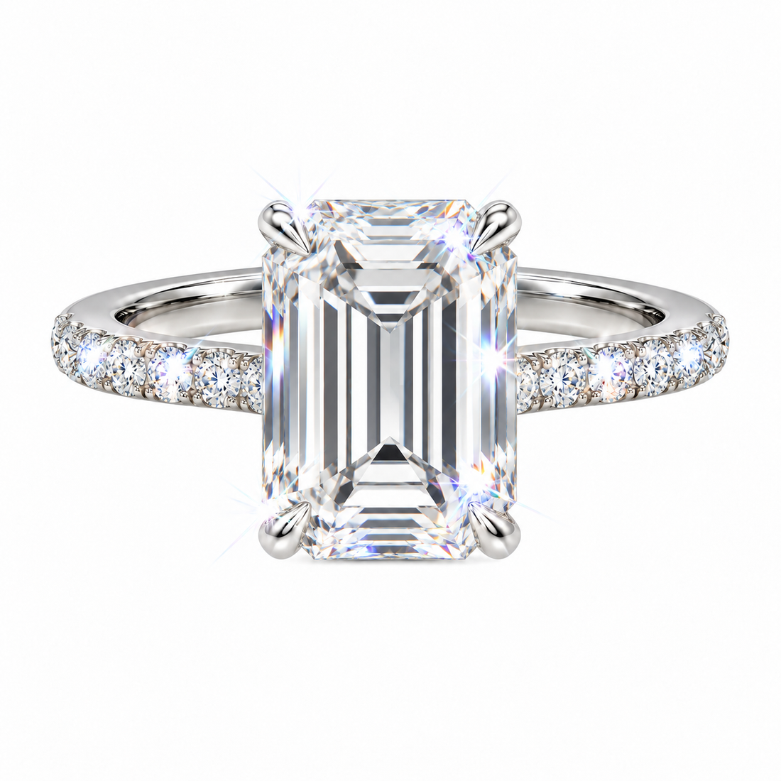 Emerald-cut diamond ring in white gold