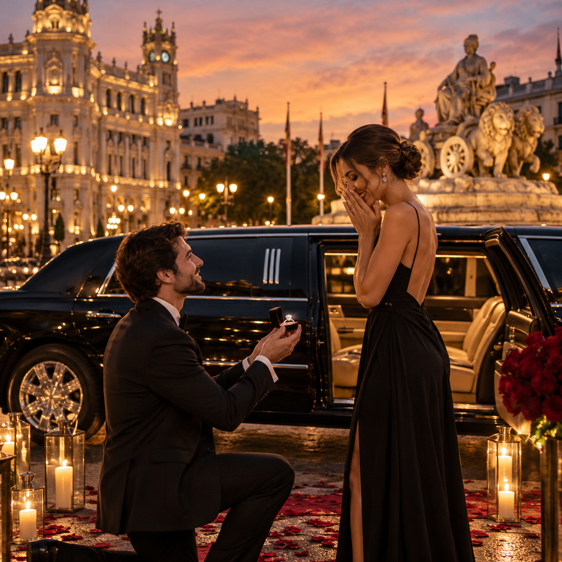 Propuesta de matrimonio romántica junto a una limusina en Madrid