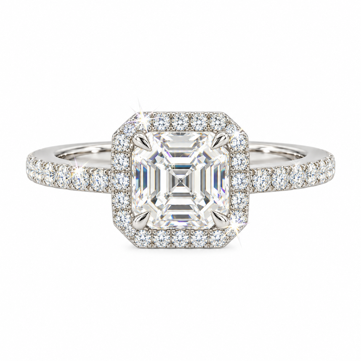 Anillo de compromiso Asscher Halo Pavé