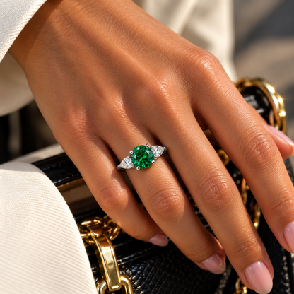 Round Emerald Three-Stone Ring