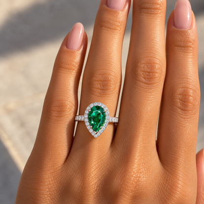 Anillo Halo Pavé de Esmeralda Pera