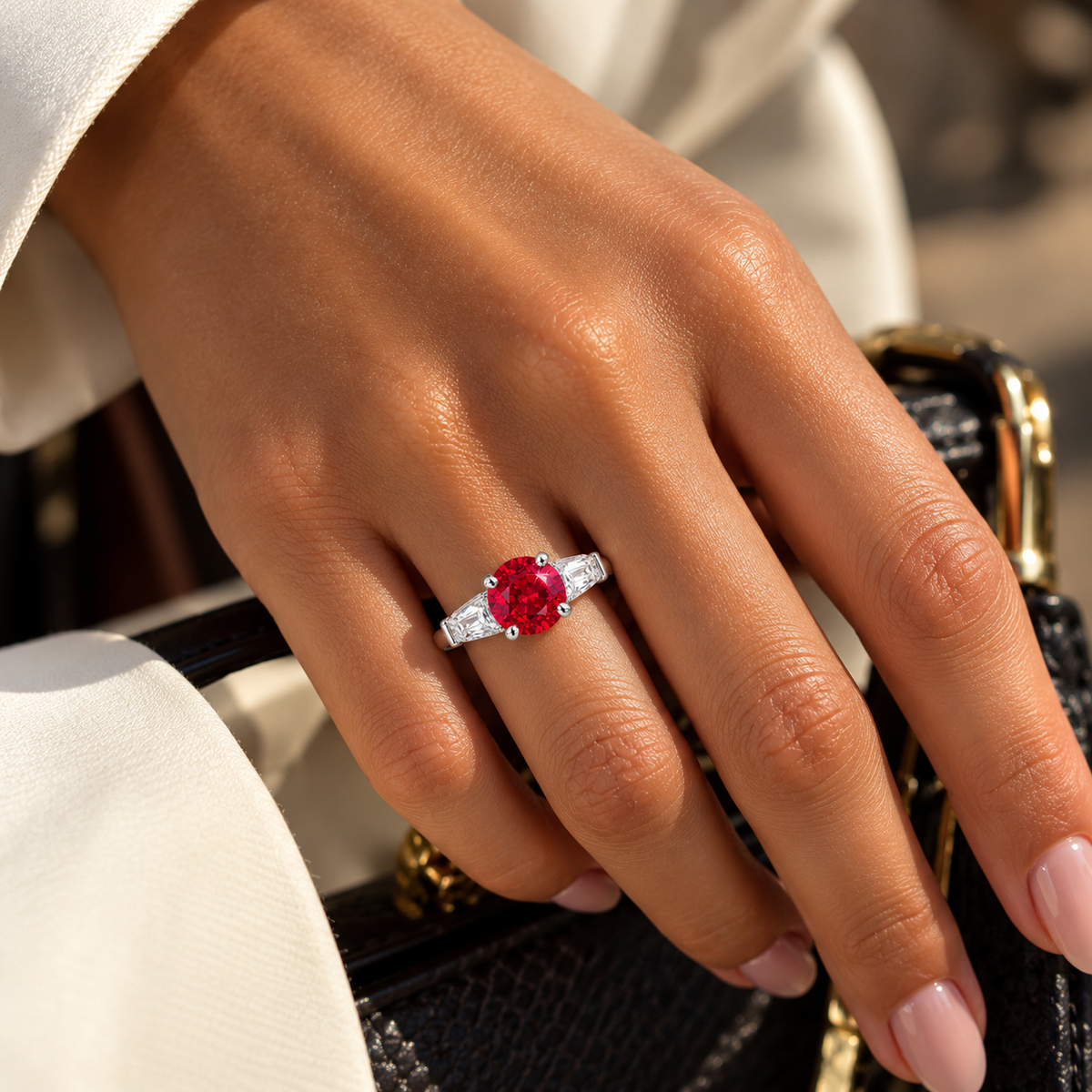 Round Ruby Ring with Baguette Diamonds