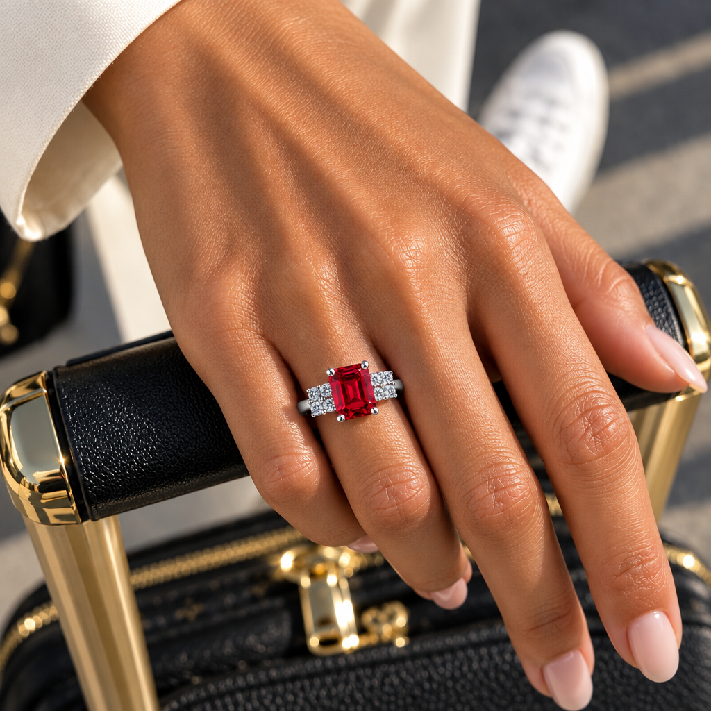 Emerald-Cut Ruby Three-Stone Ring