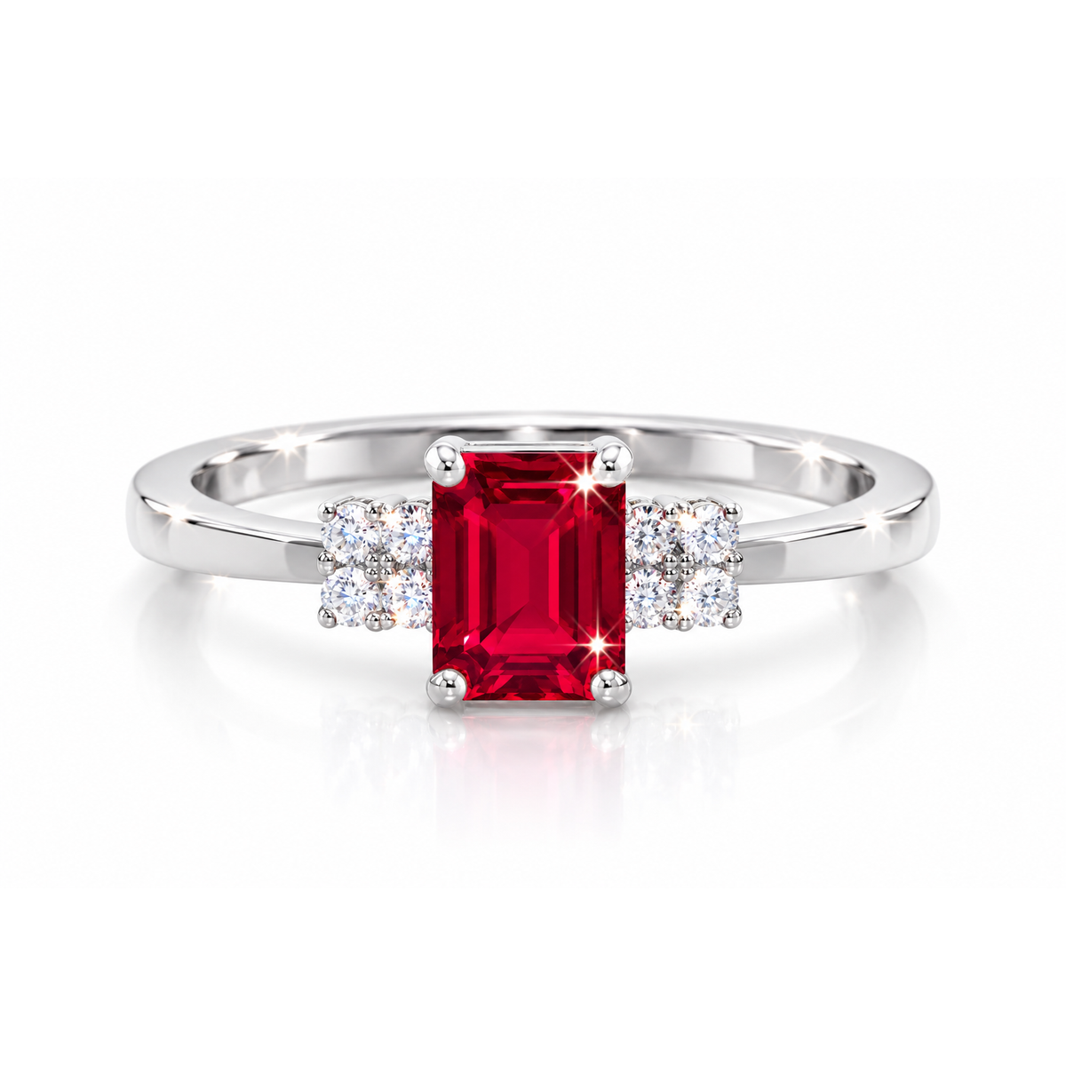emerald cut ruby three stone ring