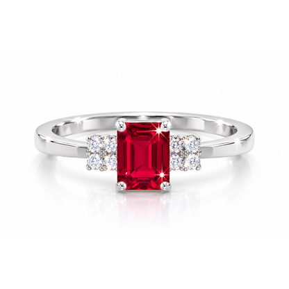 emerald cut ruby three stone ring