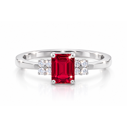 emerald cut ruby three stone ring