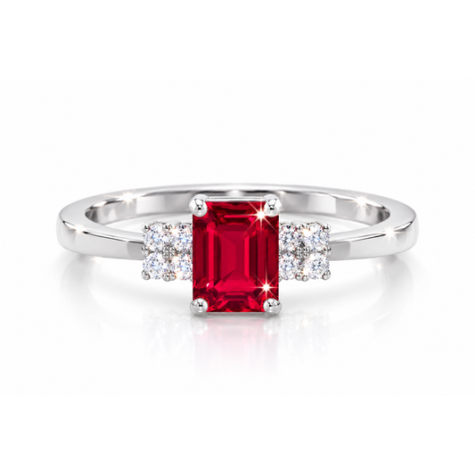 emerald cut ruby three stone ring