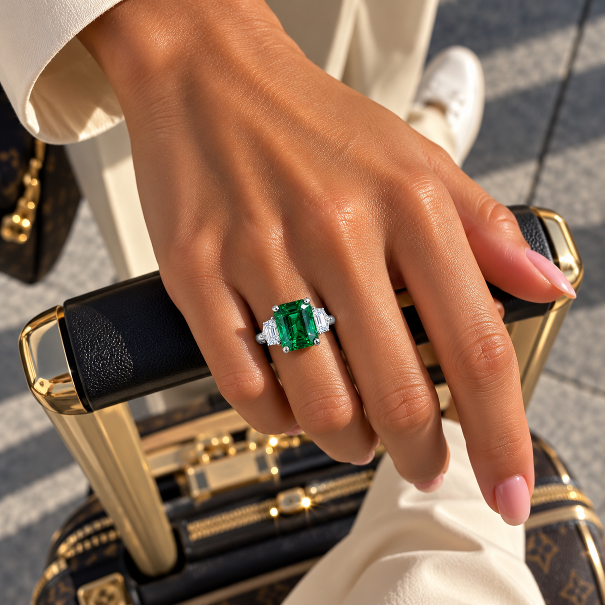 Emerald-Cut Emerald Ring with Trapezoid Diamonds