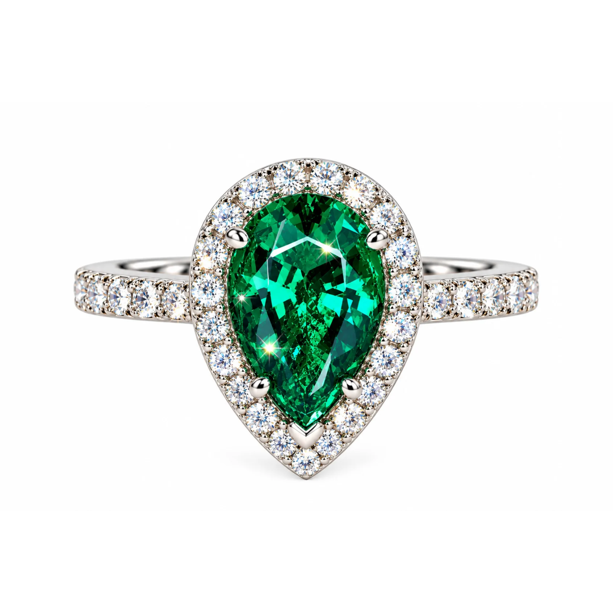 pear emerald halo pave ring