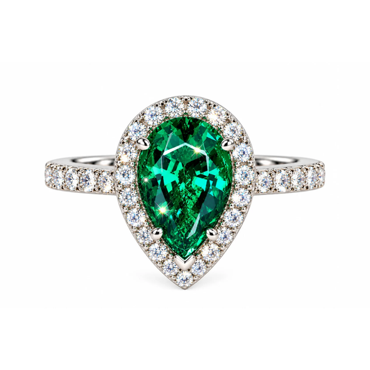 pear emerald halo pave ring