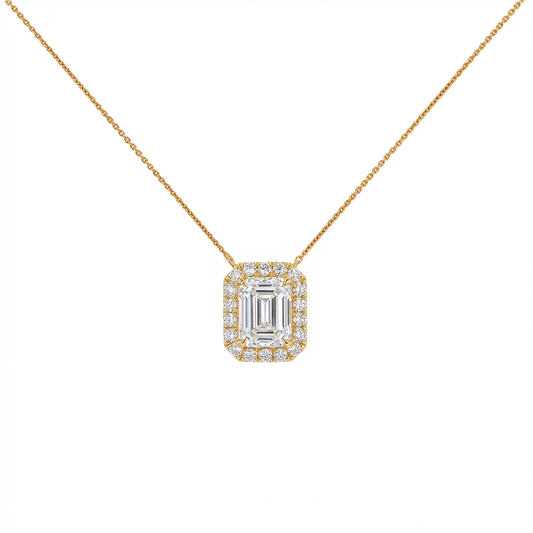 Emerald pendant halo solitarire