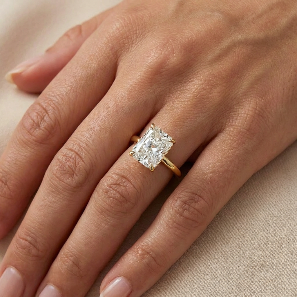Radiant cut solitaire ring